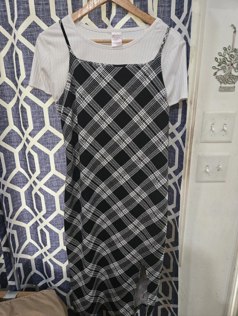 No Boundaries White Ribbed Tank with Navy Plaid Slip Accent